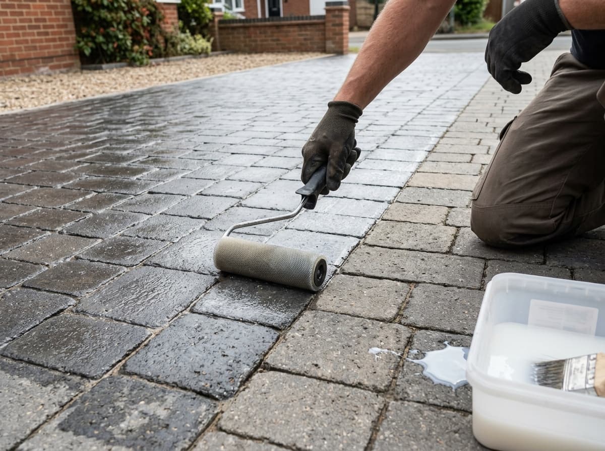 Sealing a block paved driveway by hand with a roller, bringing colour and grip back to the surface